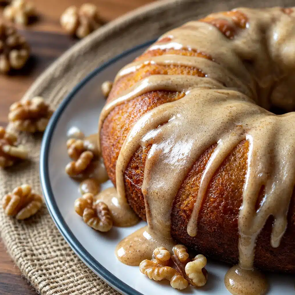 Slice of Pumpkin Spice Coffee Cake with a decadent Brown Butter Glaze on a plate.