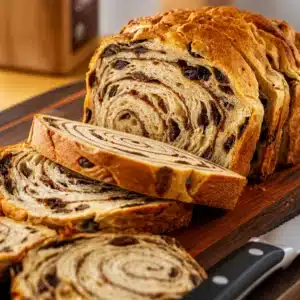 Freshly baked homemade cinnamon swirl raisin bread sliced on a cutting board.