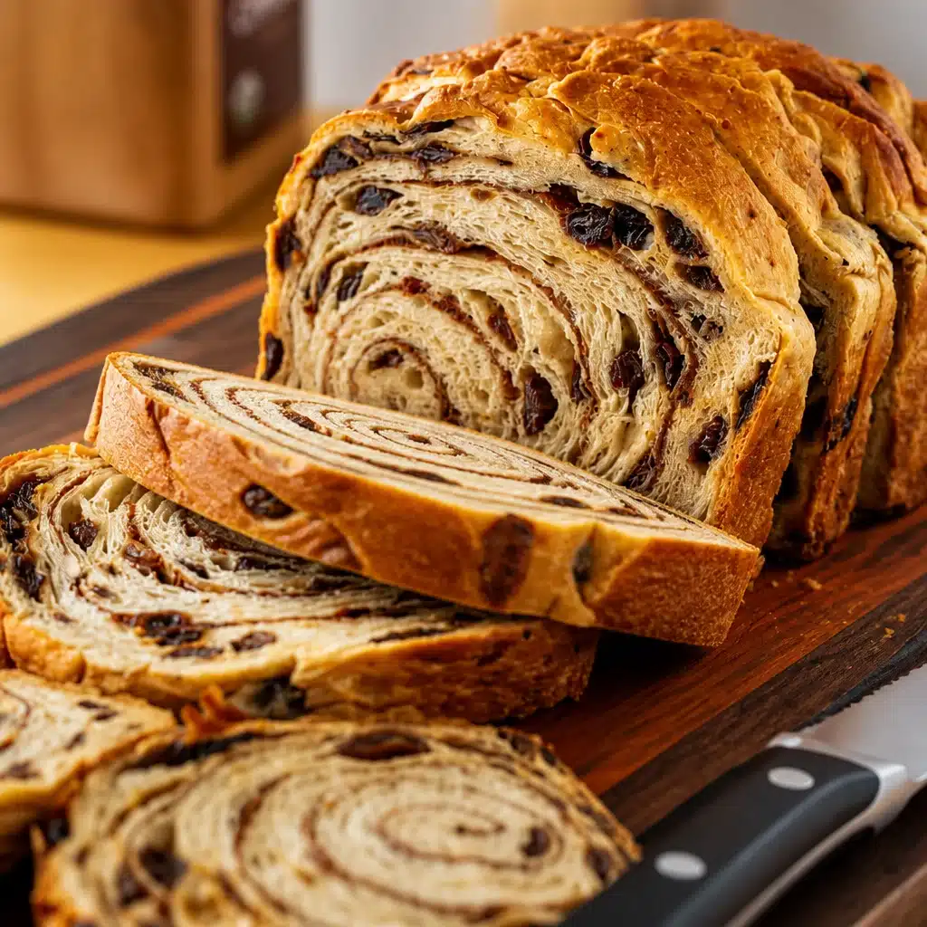 Deliciously Soft Homemade Cinnamon Swirl Raisin Bread Recipe 5 Freshly baked homemade cinnamon swirl raisin bread sliced on a cutting board.