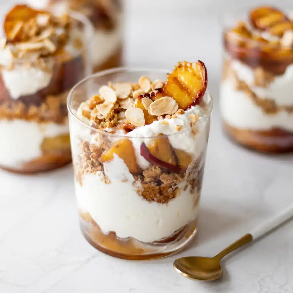 Dreamy Creamy Peach Mascarpone Dessert: A Taste of Italy 5 Creamy Peach Mascarpone Dessert garnished with peach slices and almond crumbles.