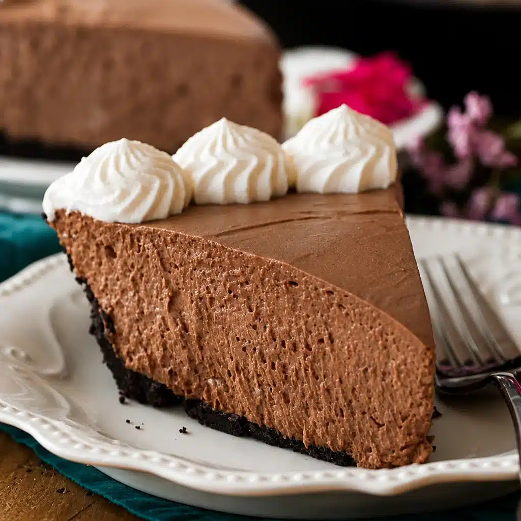 Easy Old-Fashioned Chocolate Icebox Pie: A No-Bake Delight! 6 Delicious Old-Fashioned Chocolate Icebox Pie on a plate with whipped cream.