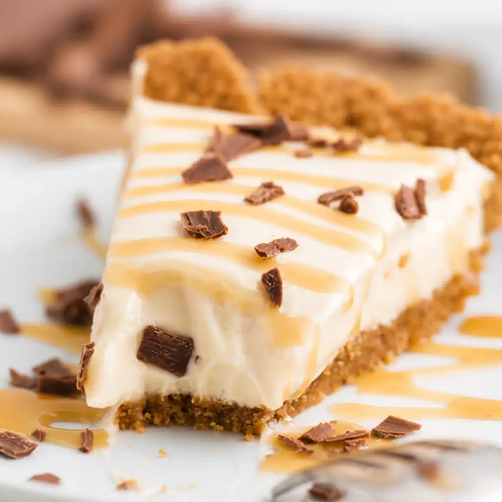 Delicious Homemade Caramel No Bake Pie with a creamy filling and caramel drizzle.