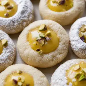 Delicious Pistachio Ricotta Thumbprint Cookies topped with crushed pistachios.