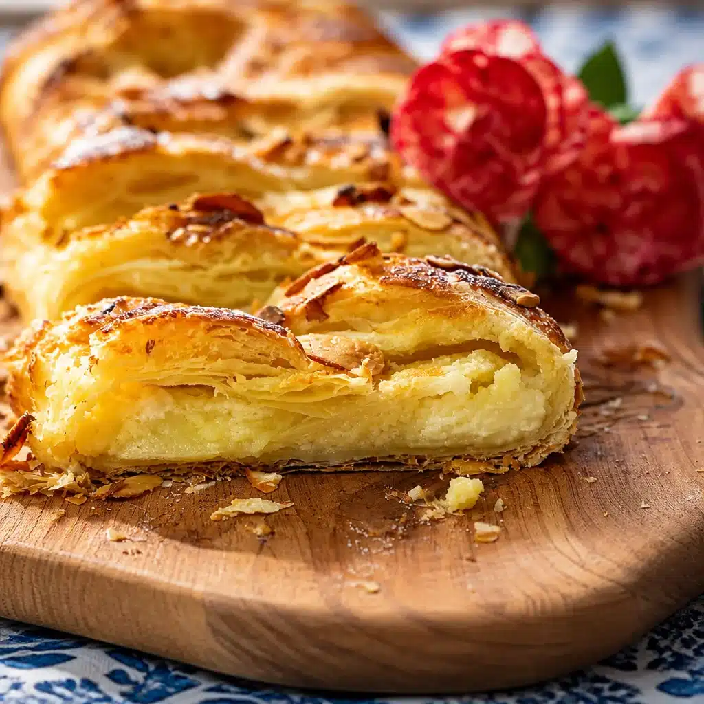 Sweet Ricotta Almond Pastry Braids with flaky crust and creamy filling topped with almonds.