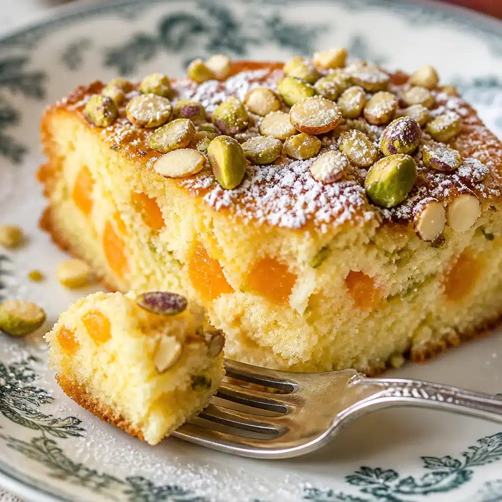Old-Fashioned Creamy Peach Pistachio Ricotta Bars topped with fresh peaches and nuts