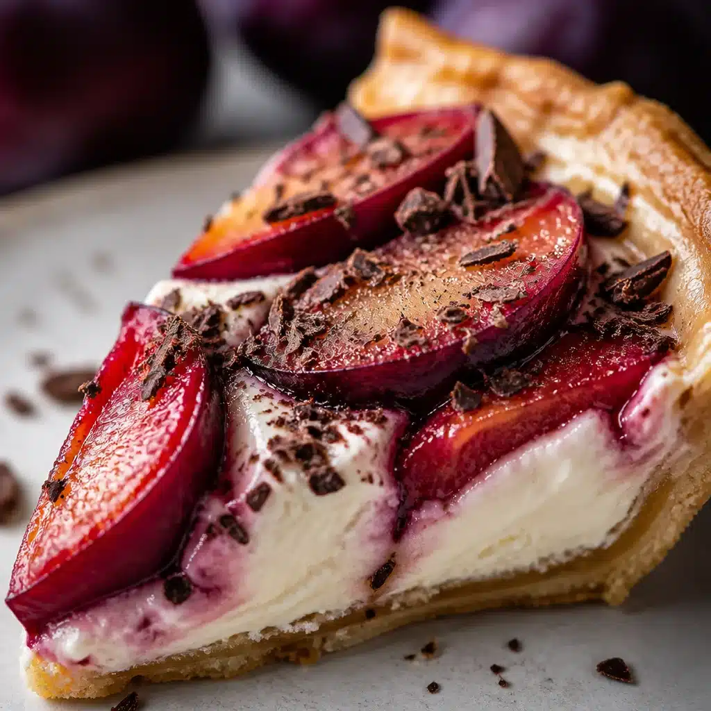 Deliciously Decadent Old-Fashioned Plum and Mascarpone Tart with Dark Chocolate 5 Old-Fashioned Plum and Mascarpone Tart with Dark Chocolate served on a plate.