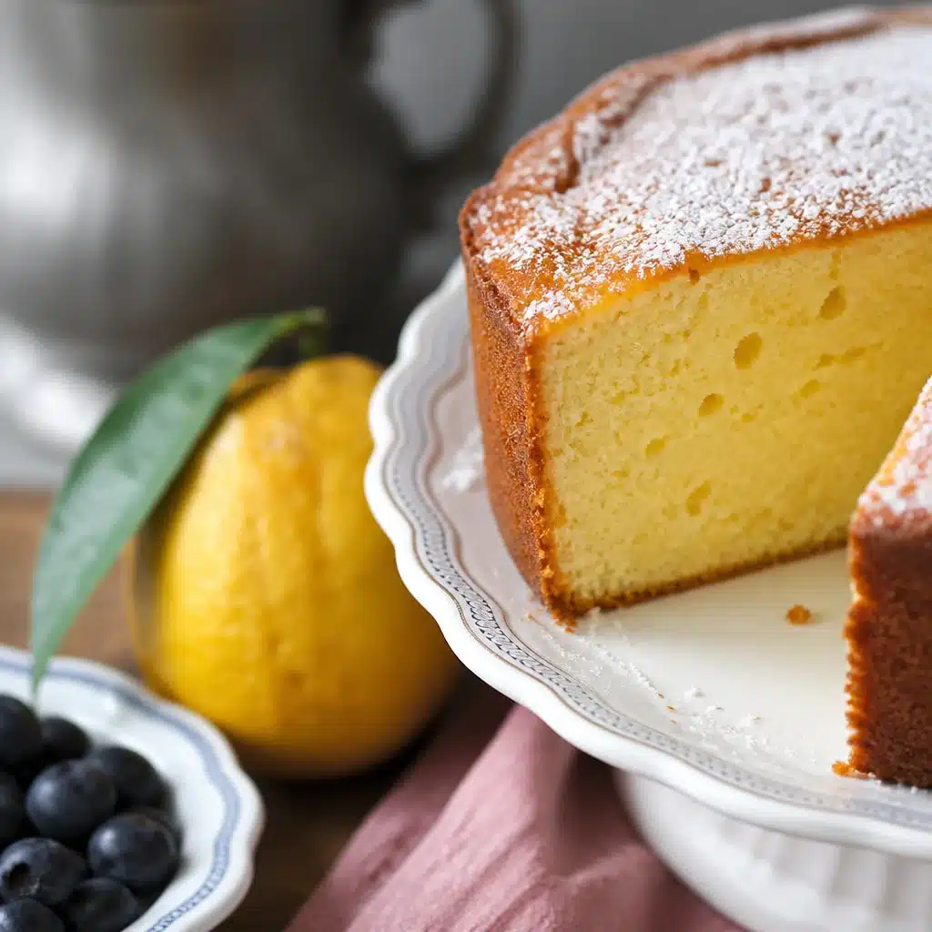 Sliced Lemon Ricotta Tea Cake topped with powdered sugar on a decorative plate.