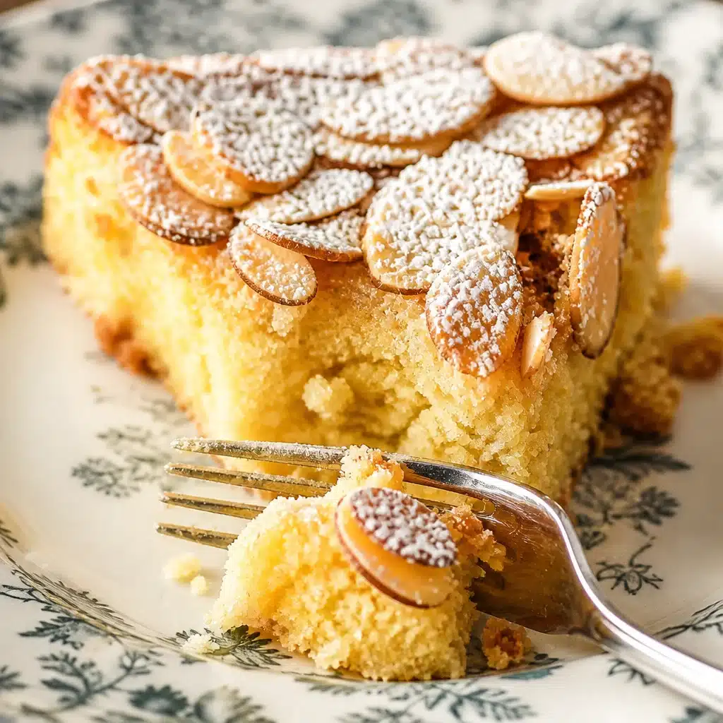 Slice of Vanilla Almond Ricotta Cake topped with sliced almonds on a plate.