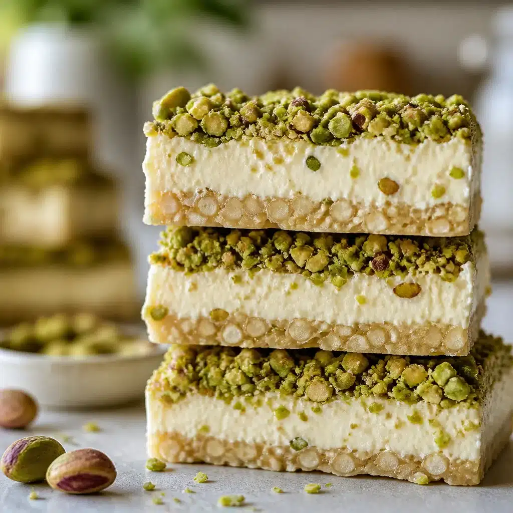 No-bake Dubai-Style Pistachio Mascarpone Crunch Bars with layers of creamy goodness.