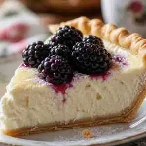 Italian Ricotta Pie with Fresh Blackberries served on a rustic wooden table.