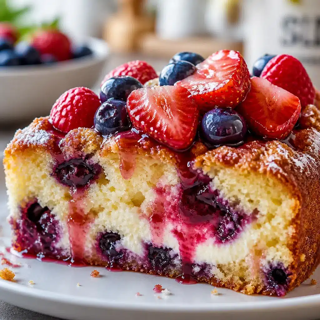 Mixed Berry Ricotta Coffee Cake topped with fresh seasonal berries for a delightful treat.
