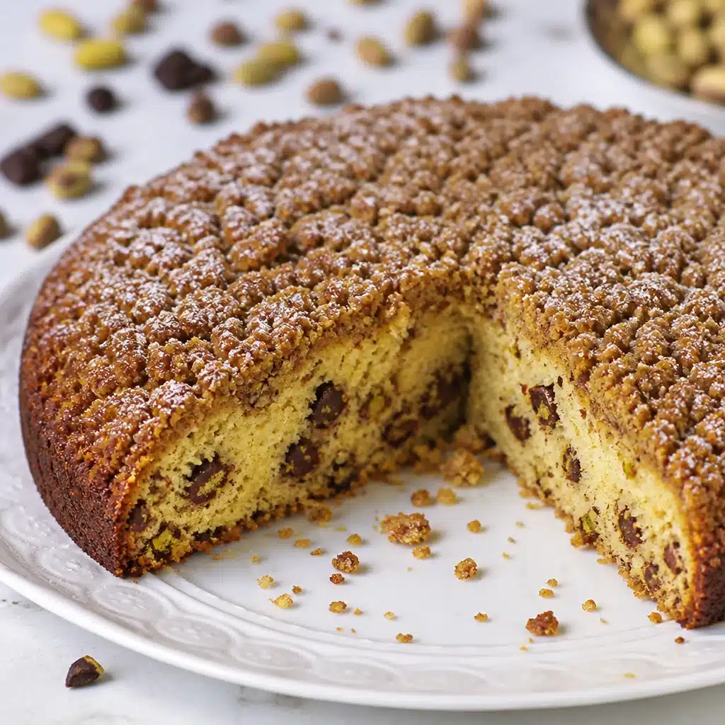Pistachio Ricotta Coffee Cake with a Twist of Flavor 6 Pistachio Ricotta Coffee Cake topped with toasted pistachios and served with coffee.
