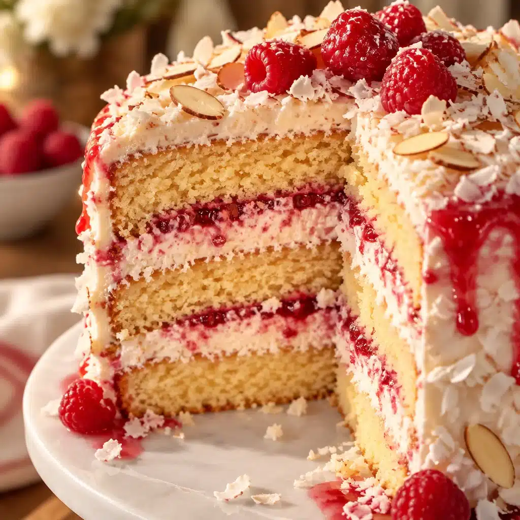 Coconut Almond Mascarpone Cake topped with coconut shavings and almond slices.