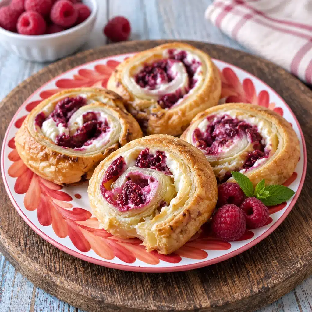 Delicious Raspberry Ricotta Pastry Pinwheels You’ll Love 6 Raspberry Ricotta Pastry Pinwheels on a white plate