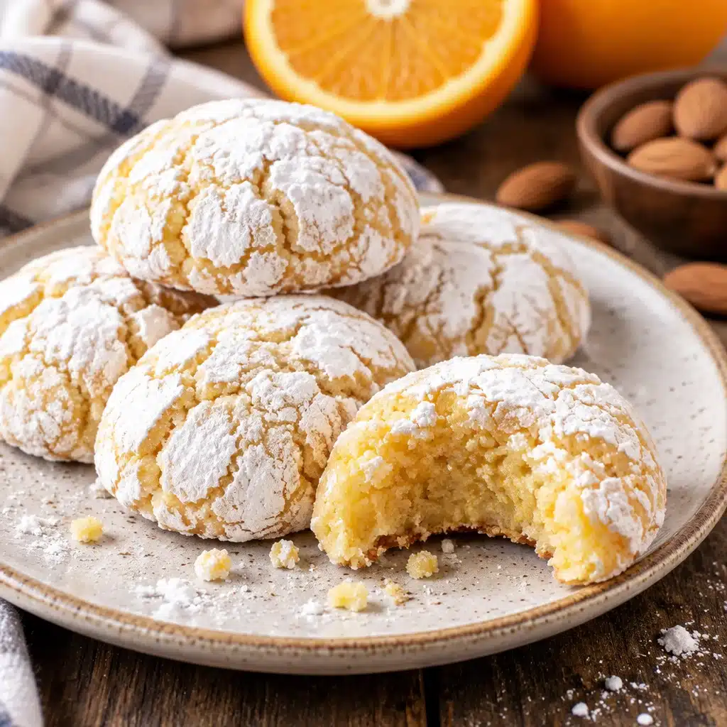 Deliciously Soft Italian Orange Almond Cookies to Savor 6 Italian Orange Almond Cookies dusted with powdered sugar, featuring bright citrus flavor.