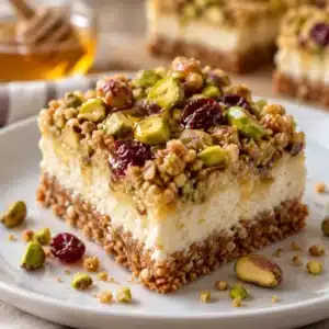 No-Bake Honey Pistachio Ricotta Bars with a buttery pistachio crust and honey drizzle